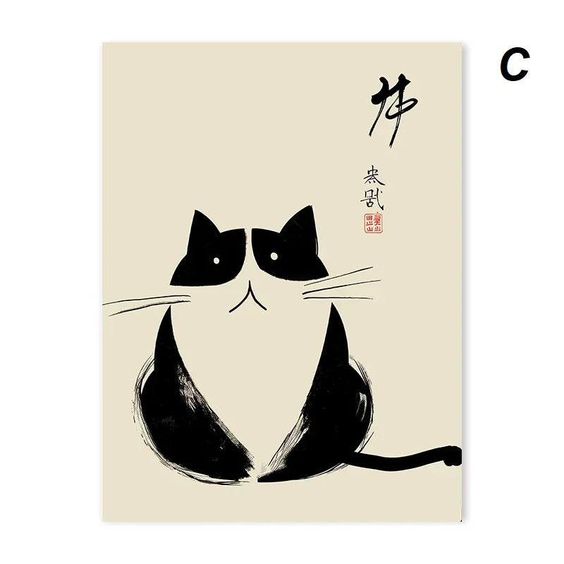 Japanese Vintage Black Ink Calligraphy Cat Wall Art Canvas Print Minimalist Black Cat Poster