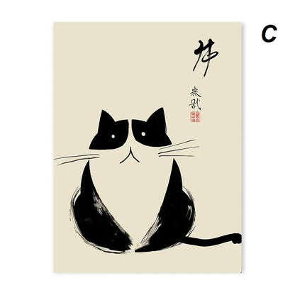 Japanese Vintage Black Ink Calligraphy Cat Wall Art Canvas Print Minimalist Black Cat Poster