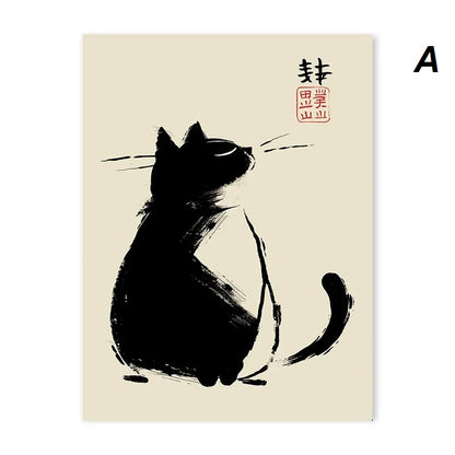 Japanese Vintage Black Ink Calligraphy Cat Wall Art Canvas Print Minimalist Black Cat Poster