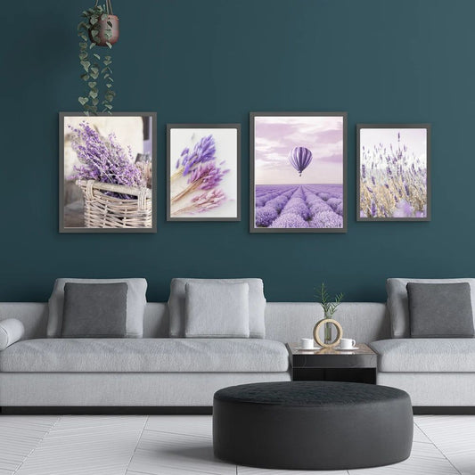 Dreamy Purple Lavender Landscape Hot Air Balloon Nature Canvas Prints Gallery Wall Art Set Of 4 Posters For Modern Living Room Home Decor