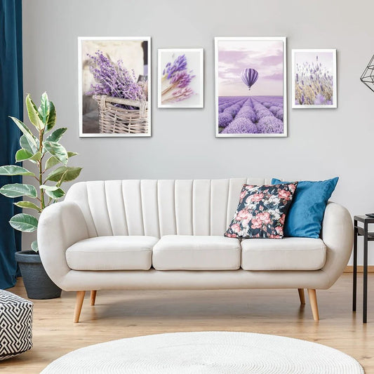 Dreamy Purple Lavender Landscape Hot Air Balloon Nature Canvas Prints Gallery Wall Art Set Of 4 Posters For Modern Living Room Home Decor