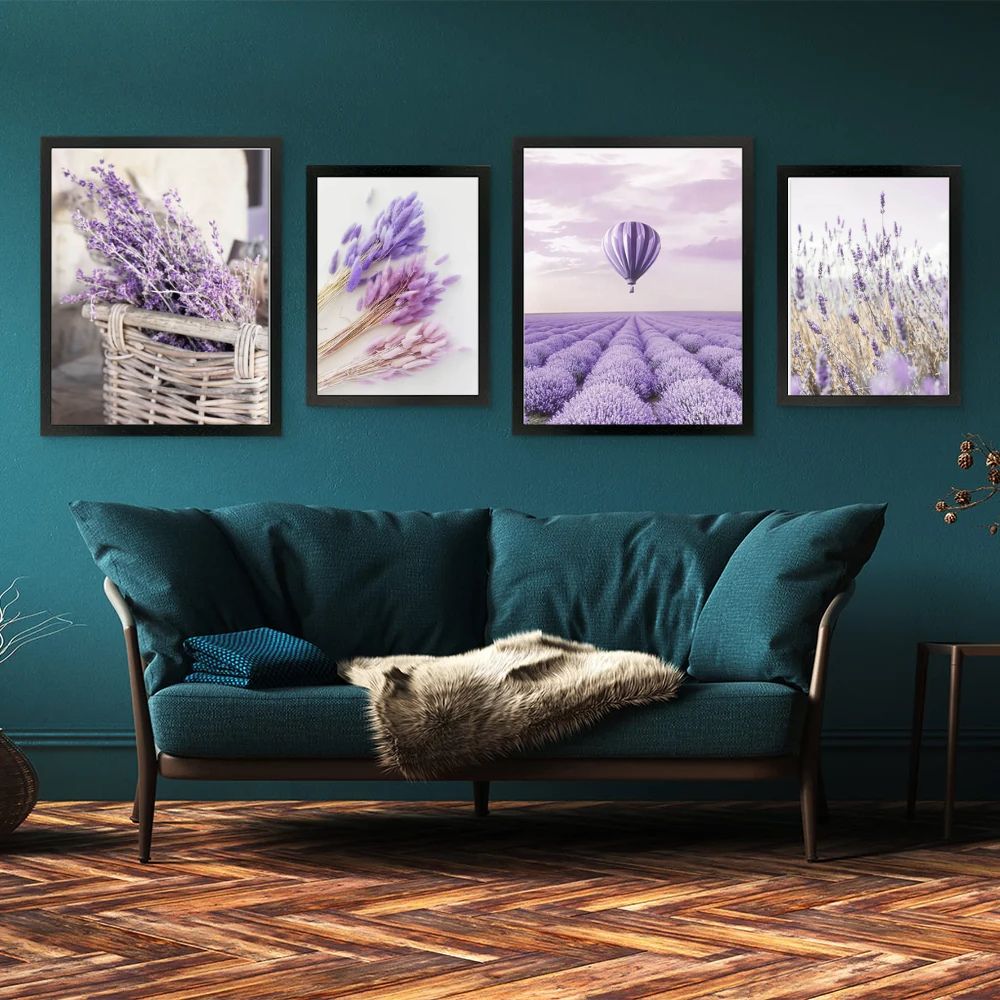 Dreamy Purple Lavender Landscape Hot Air Balloon Nature Canvas Prints Gallery Wall Art Set Of 4 Posters For Modern Living Room Home Decor