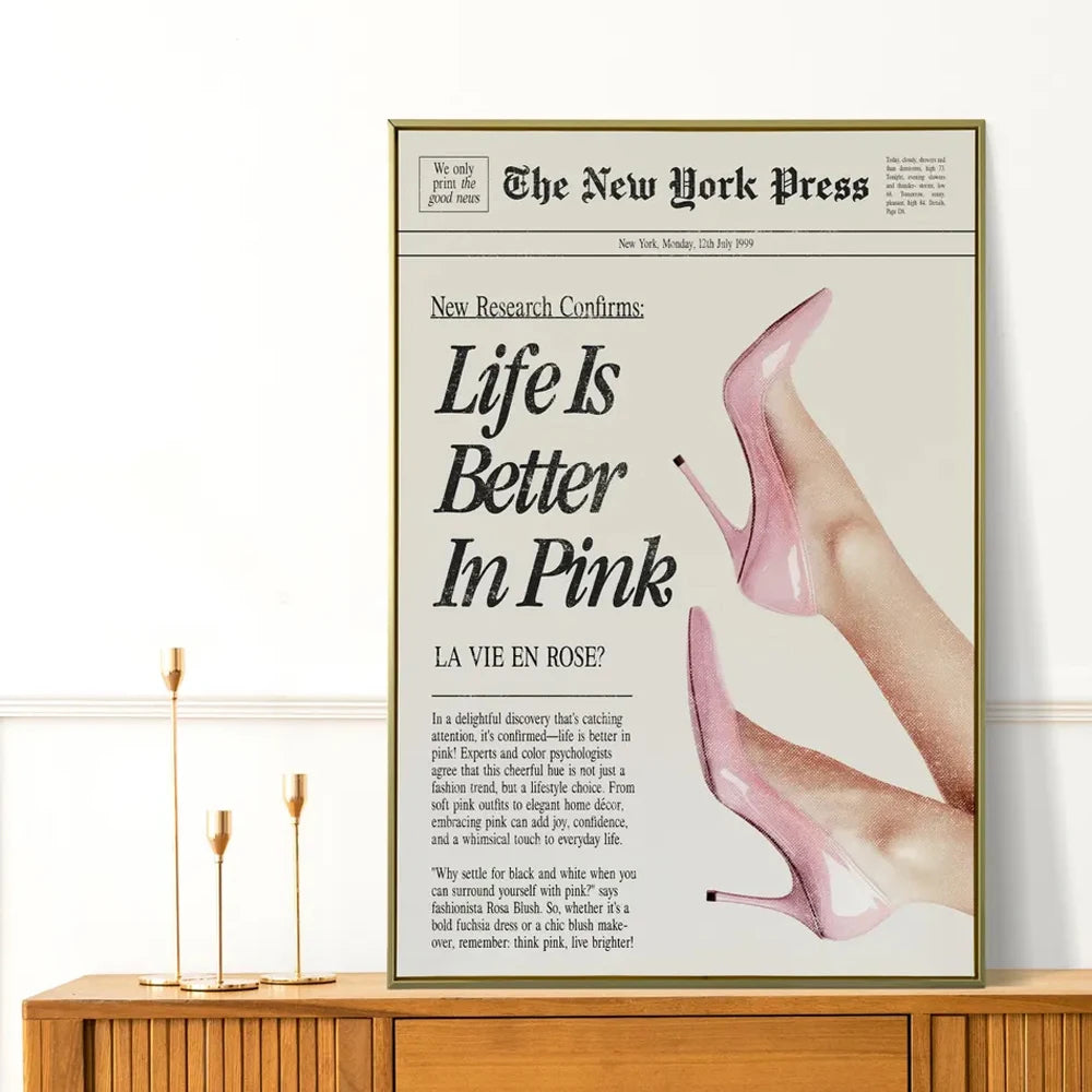 Life Is Better in Pink Retro Inspirational Quote Wall Art Canvas Print Positive Typography Poster for Bedroom Living Room Decor
