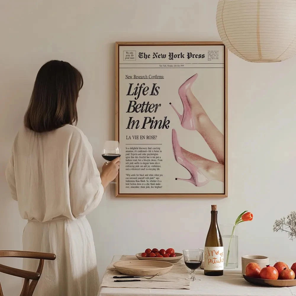 Life Is Better in Pink Retro Inspirational Quote Wall Art Canvas Print Positive Typography Poster for Bedroom Living Room Decor