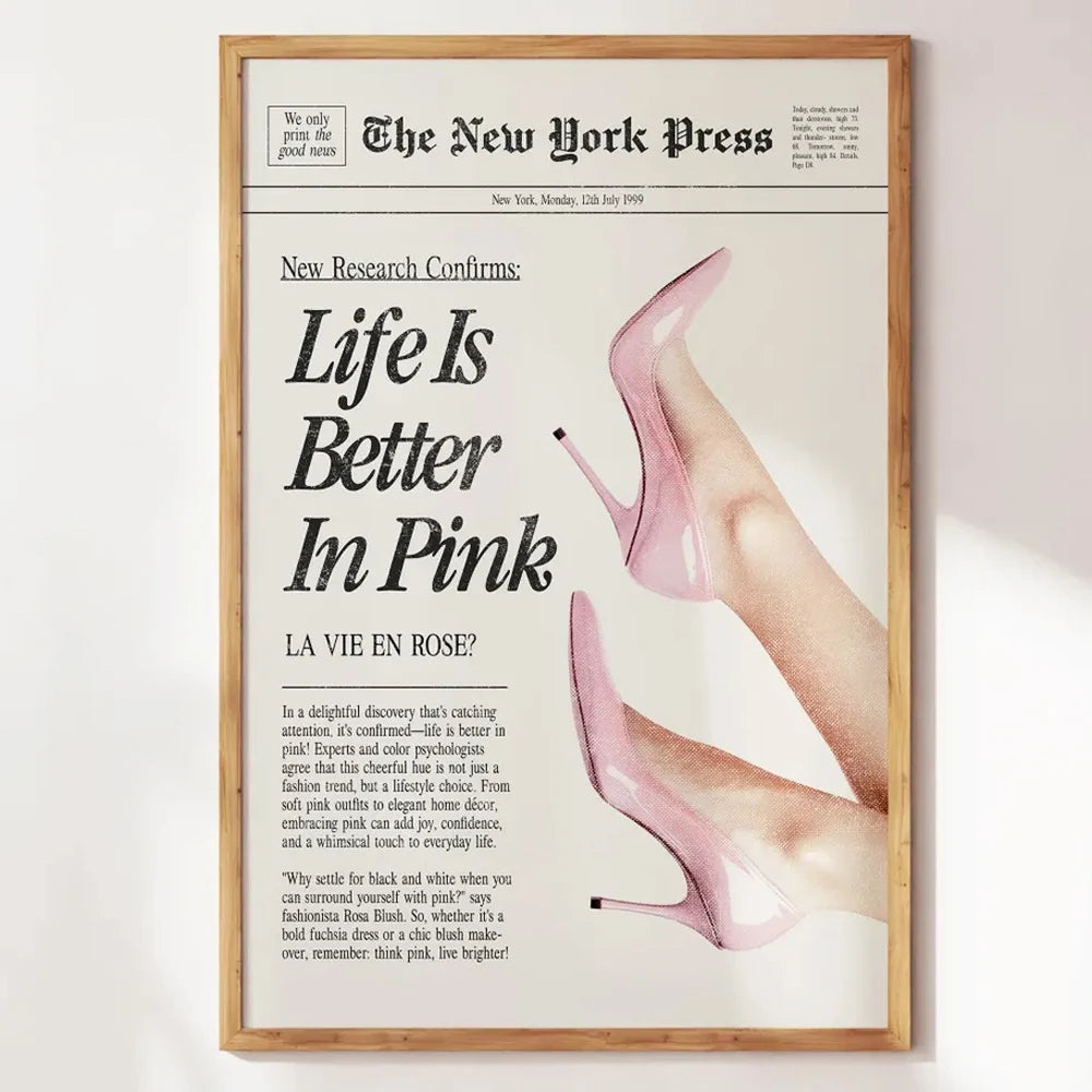 Poster of a newspaper advertisement with pink high heels and text on a white wall.