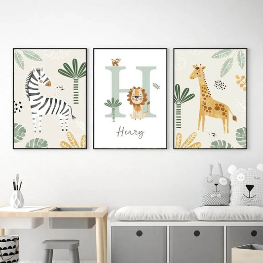 Lion Giraffe Zebra Jungle Animals Custom Baby Name Wall Art Nordic Inspirational Big Posters Quotes Pictures For Baby Kids Room Décor