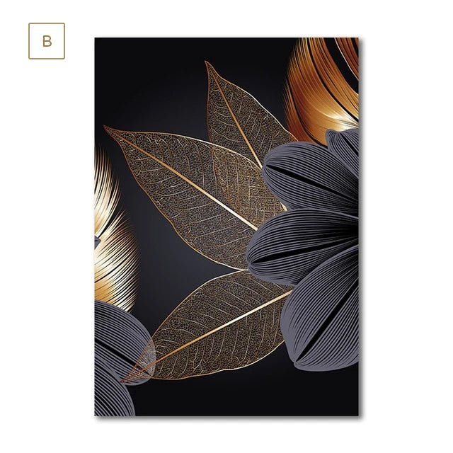 Luxury Black Golden Leaf Canvas Prints Modern Abstract Large Wall Art Tropical Botanical Upscale Big Pictures For Living Room Loft Apartment Home Office Decor