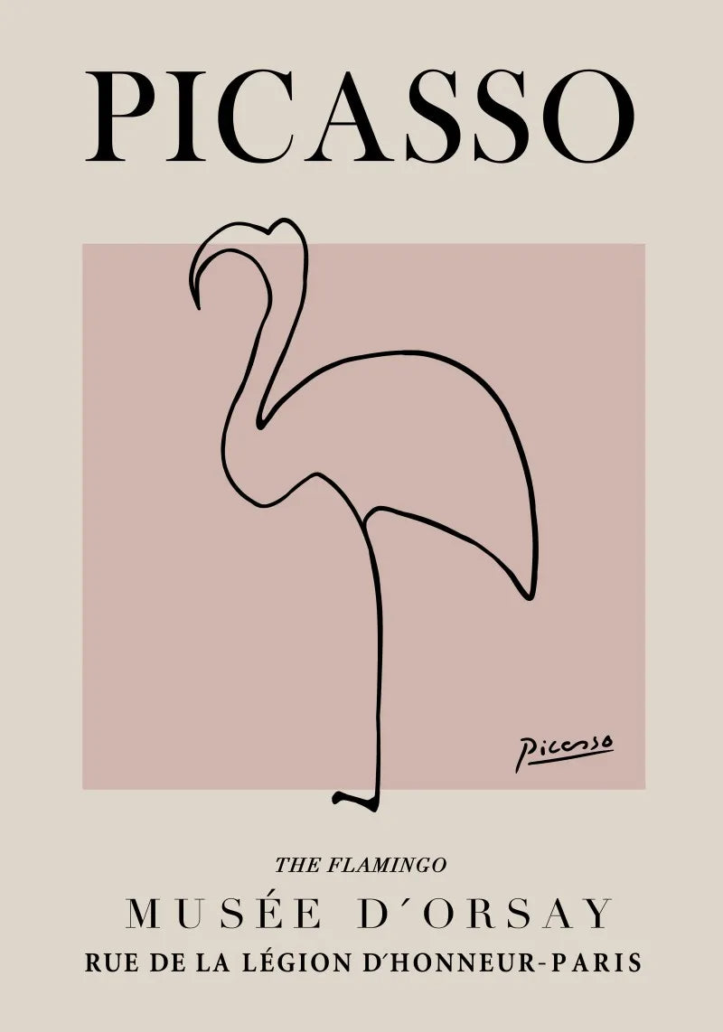 Pablo Picasso's line drawing of a flamingo on a beige background with text about Musée d'Orsay.