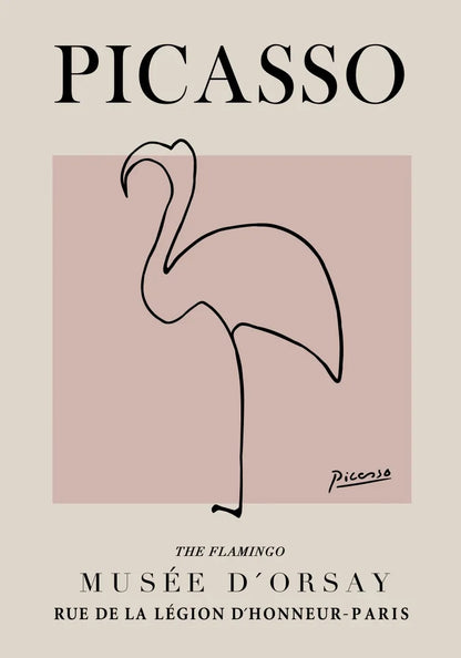Pablo Picasso's line drawing of a flamingo on a beige background with text about Musée d'Orsay.