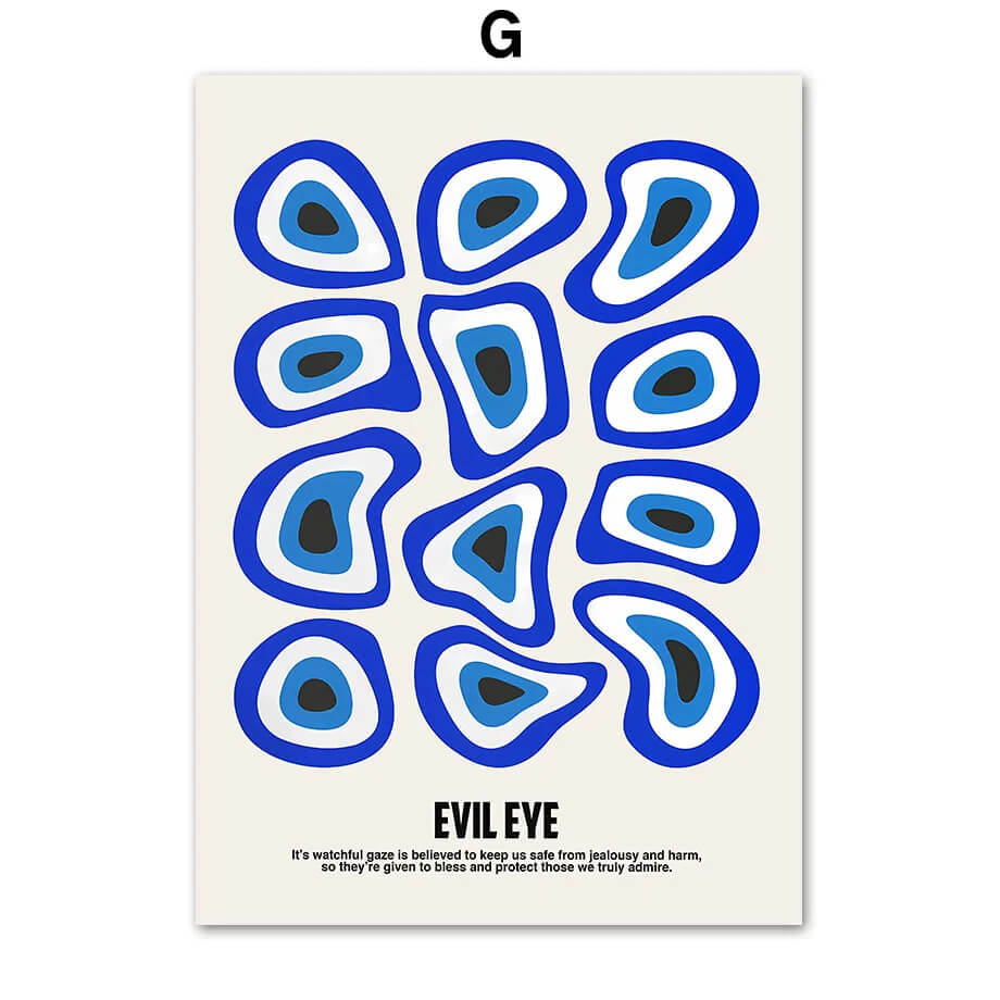 Poster with blue and black abstract eye design and text on a white background