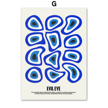 Poster with blue and black abstract eye design and text on a white background