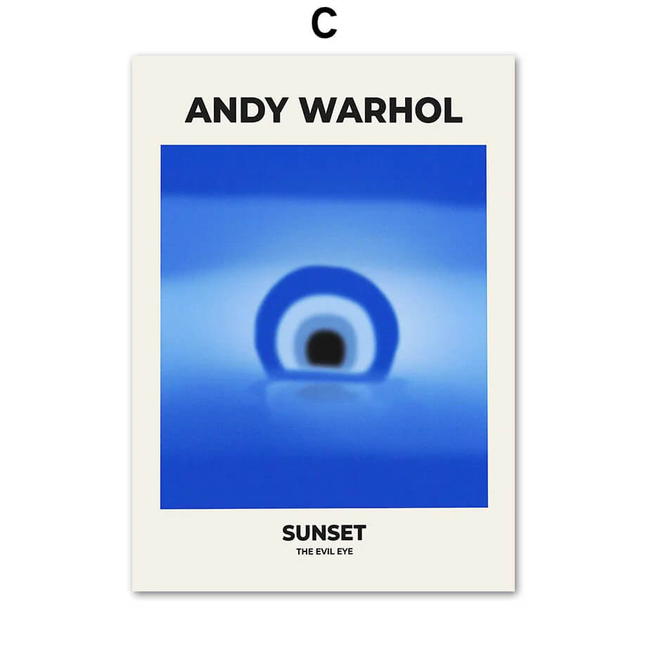 Andy Warhol artwork titled 'Sunset: The Evil Eye' with a blue background and black eye design.