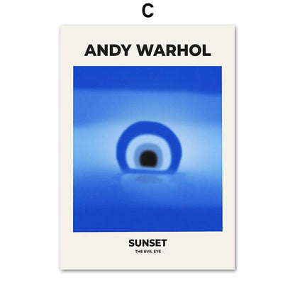 Andy Warhol artwork titled 'Sunset: The Evil Eye' with a blue background and black eye design.