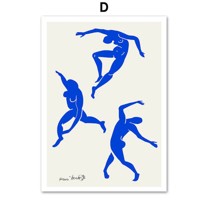 Art print with blue silhouette figures of dancers on a white background