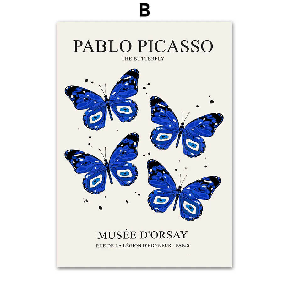Poster with blue butterflies and text about Pablo Picasso and Musée d'Orsay on a white background
