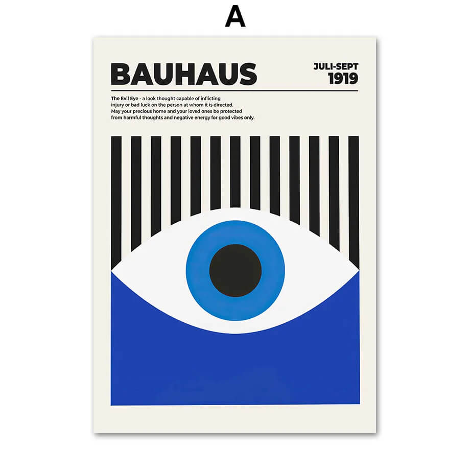 Bauhaus poster with eye design and text on a white background