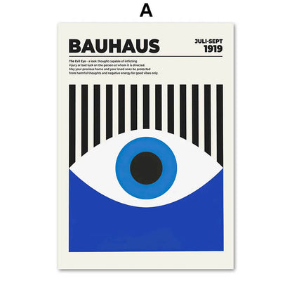 Bauhaus poster with eye design and text on a white background