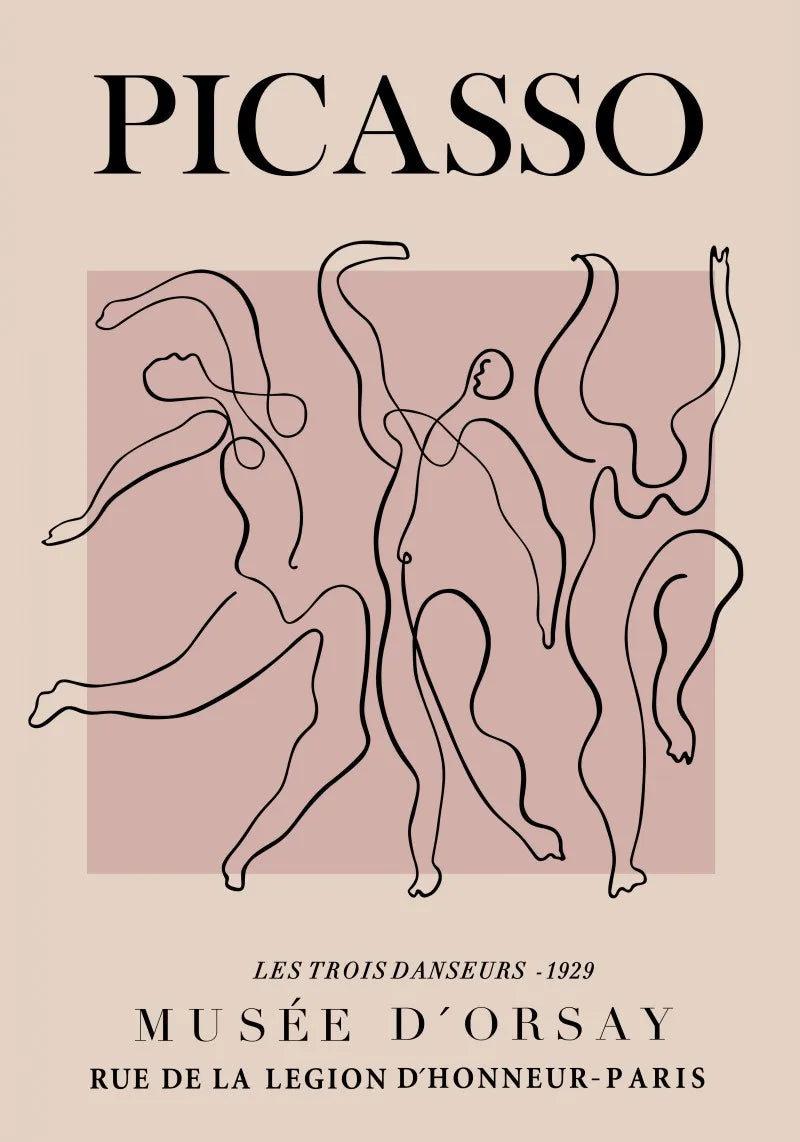 Artistic depiction of three dancers with the title 'Les Trois Danseurs' by Picasso, featuring the Musée d'Orsay in Paris.