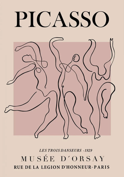 Artistic depiction of three dancers with the title 'Les Trois Danseurs' by Picasso, featuring the Musée d'Orsay in Paris.