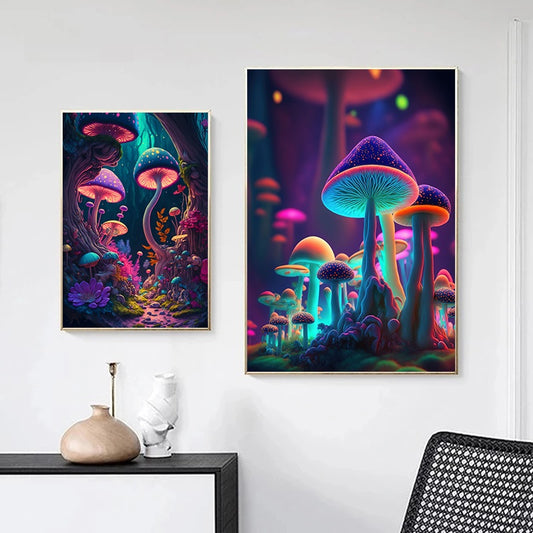 Magic Neon Mushroom Motif Enchanted Forest Vibrant Canvas Prints Wall Art For Modern Living Room Dining Room Décor