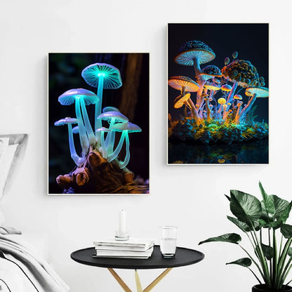 Magic Neon Mushroom Motif Enchanted Forest Vibrant Canvas Prints Wall Art For Modern Living Room Dining Room Décor