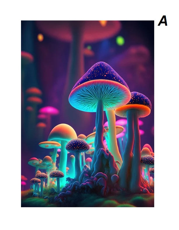 Magic Neon Mushroom Motif Enchanted Forest Vibrant Canvas Prints Wall Art For Modern Living Room Dining Room Décor