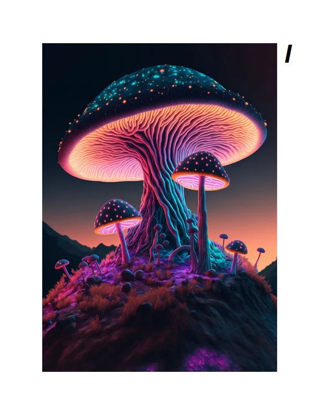 Magic Neon Mushroom Motif Enchanted Forest Vibrant Canvas Prints Wall Art For Modern Living Room Dining Room Décor