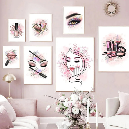 Makeup Beauty Nails Eyebrow Lips Pink Fine Art Canvas Prints Minimalist Wall Art For Girls Room Wall Décor