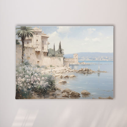 Mediterranean Coastal Villa Watercolor Wall Art Framed Canvas Print