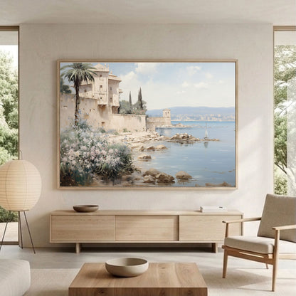 Mediterranean Coastal Villa Watercolor Wall Art Framed Canvas Print