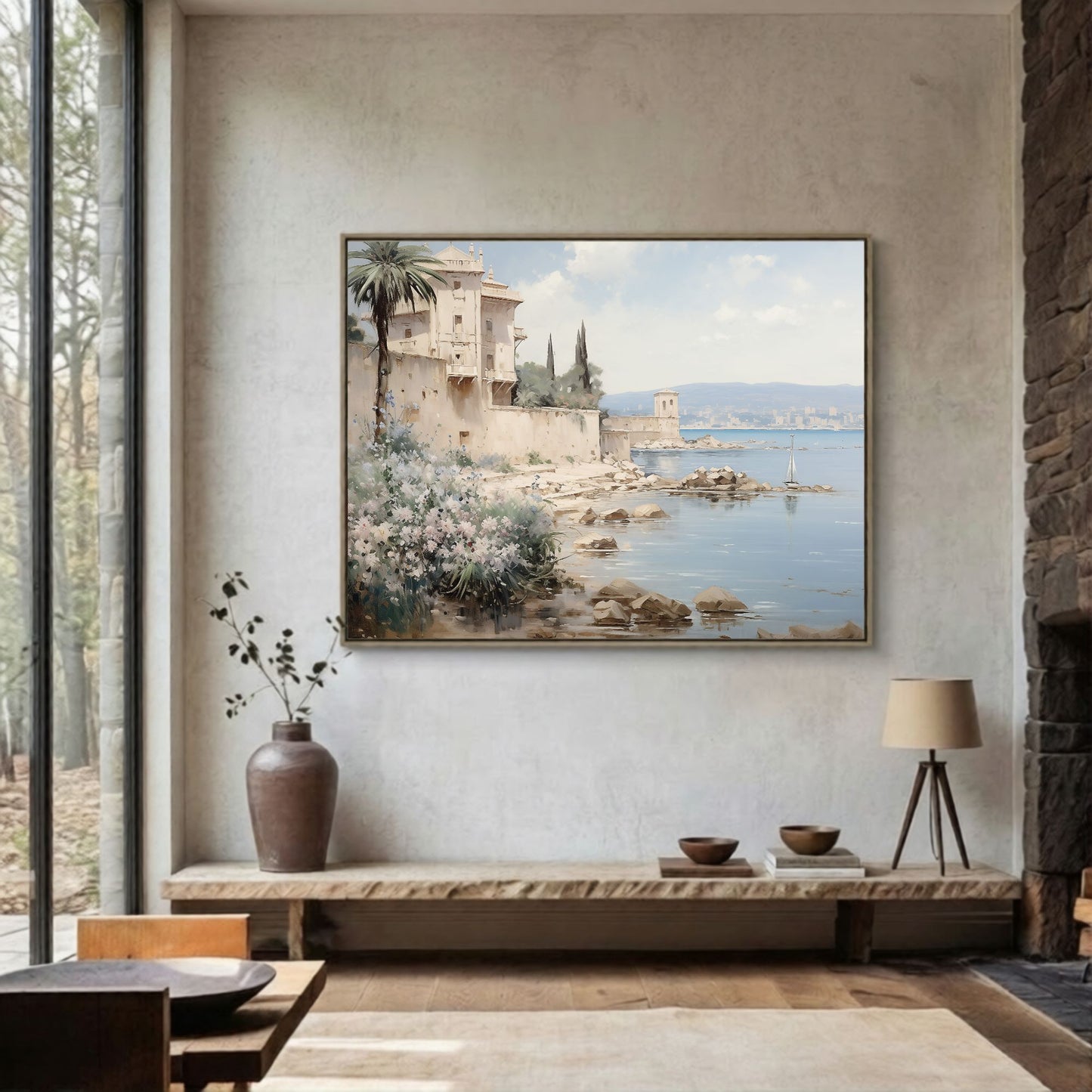 Mediterranean Coastal Villa Watercolor Wall Art Framed Canvas Print
