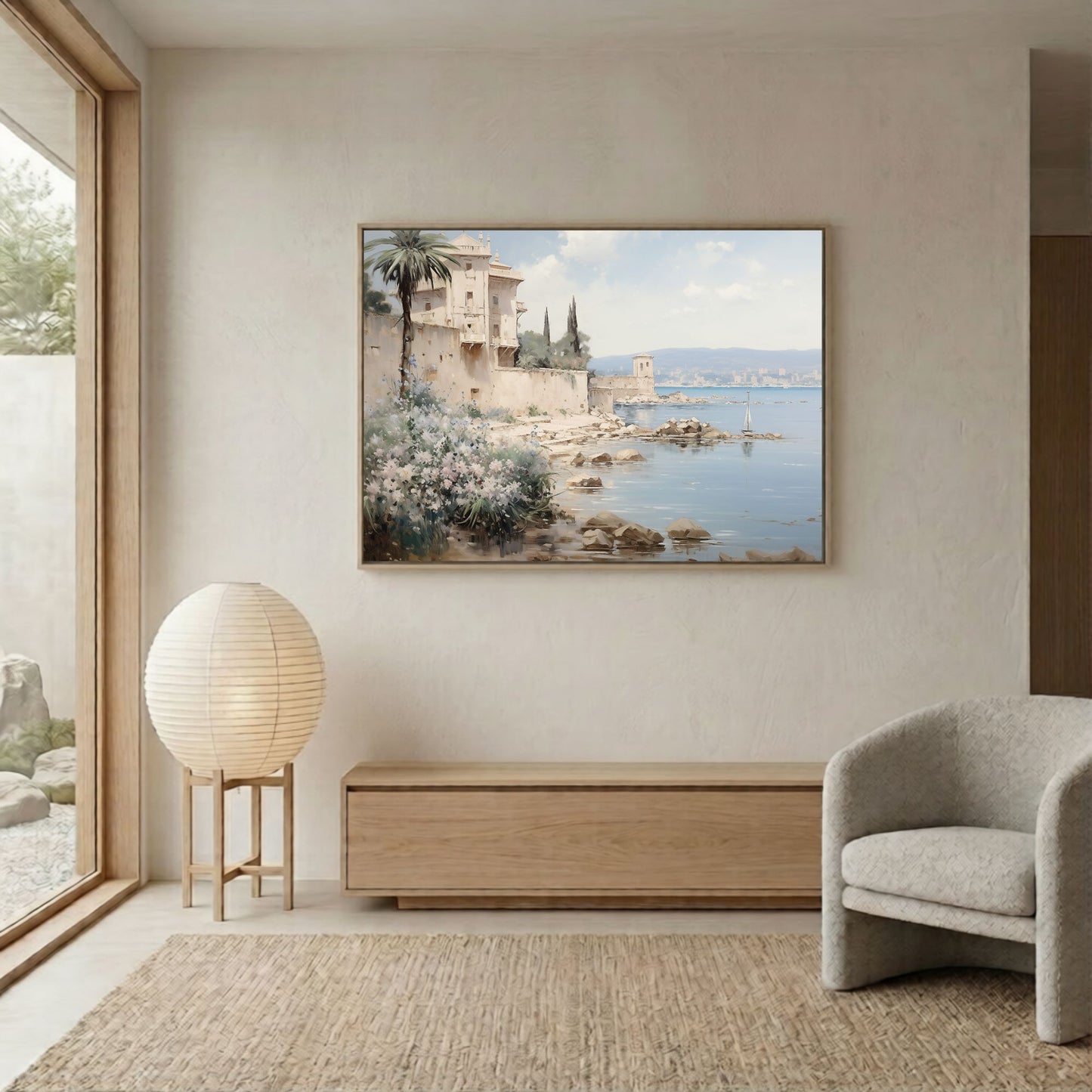 Mediterranean Coastal Villa Watercolor Wall Art Framed Canvas Print