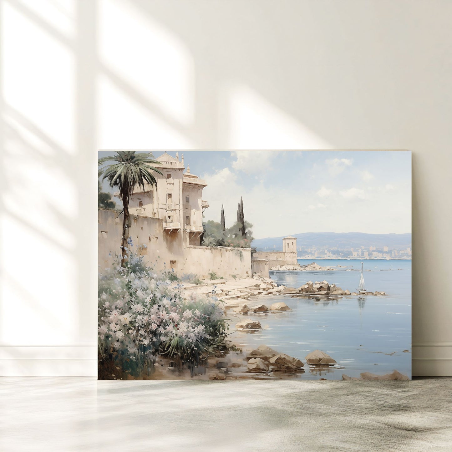Mediterranean Coastal Villa Watercolor Wall Art Framed Canvas Print
