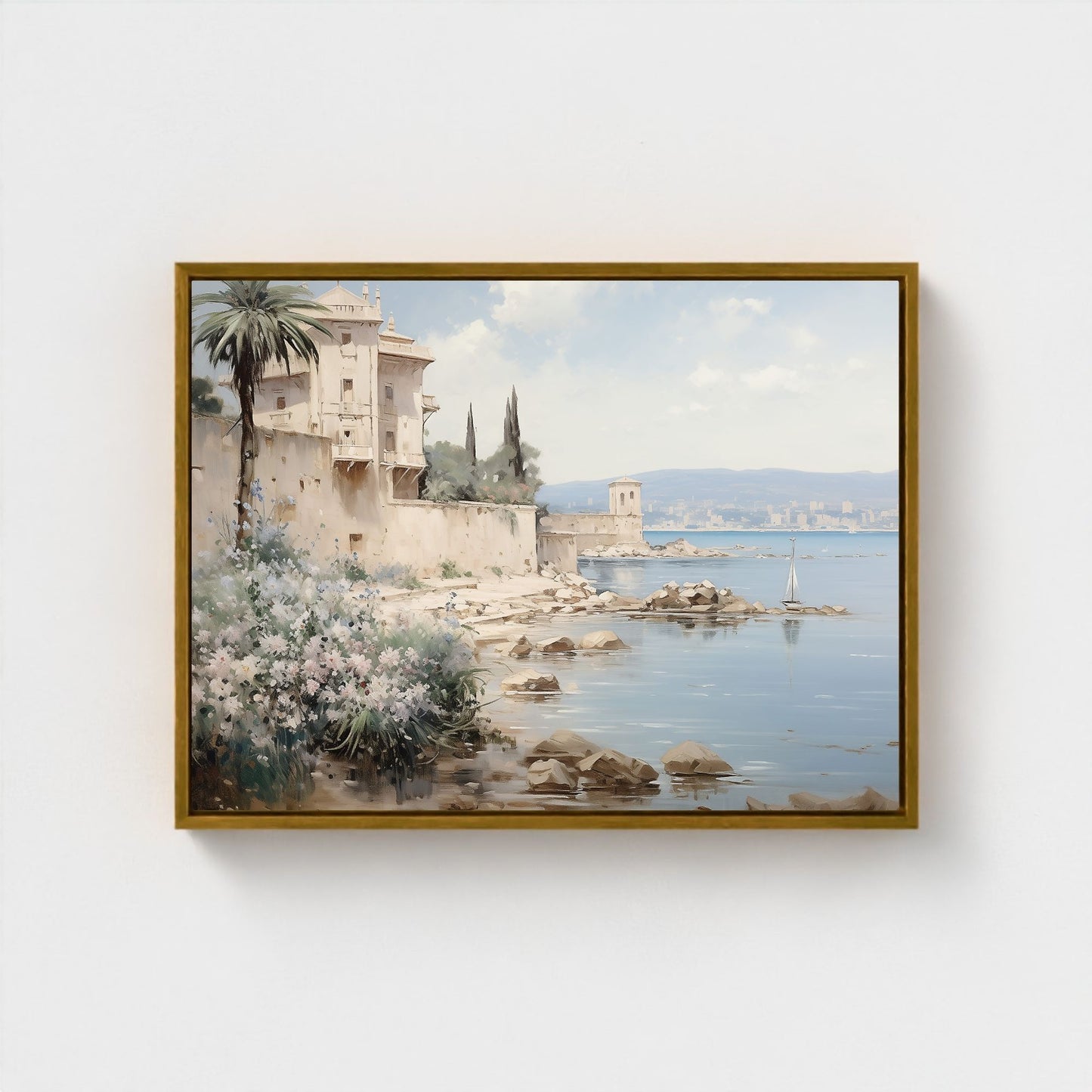 Mediterranean Coastal Villa Watercolor Wall Art Framed Canvas Print