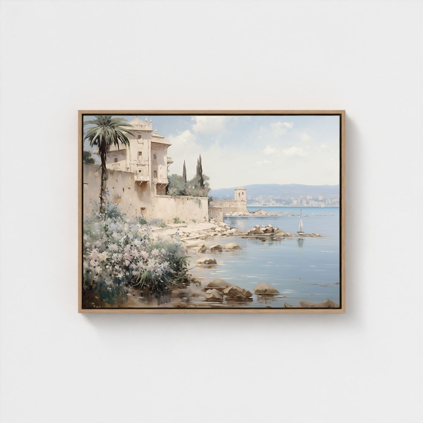 Mediterranean Coastal Villa Watercolor Wall Art Framed Canvas Print