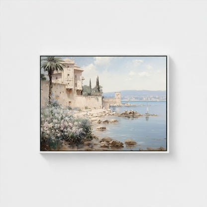 Mediterranean Coastal Villa Watercolor Wall Art Framed Canvas Print