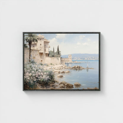 Mediterranean Coastal Villa Watercolor Wall Art Framed Canvas Print
