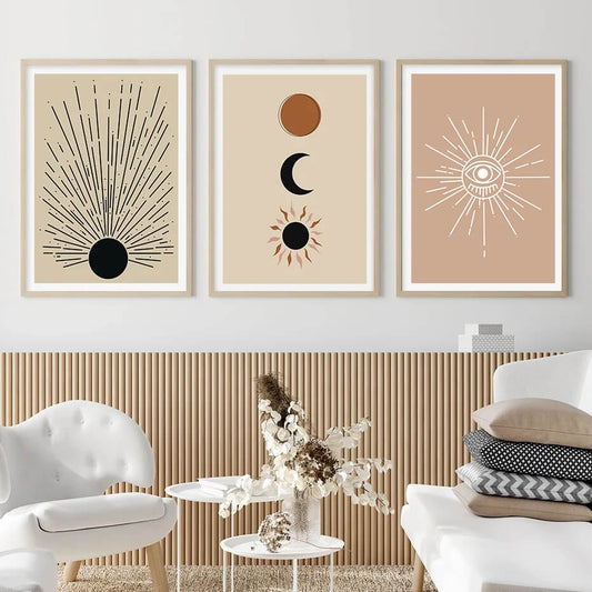 Mid Century Sun and Moon Boho Abstract Wall Art Canvas Print Modern Minimalist Pictures For Living Room Bedroom Home Décor
