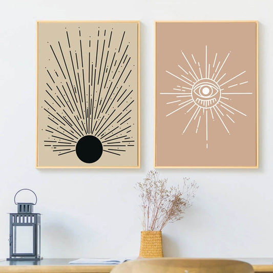 Mid Century Sun and Moon Boho Abstract Wall Art Canvas Print Modern Minimalist Pictures For Living Room Bedroom Home Décor