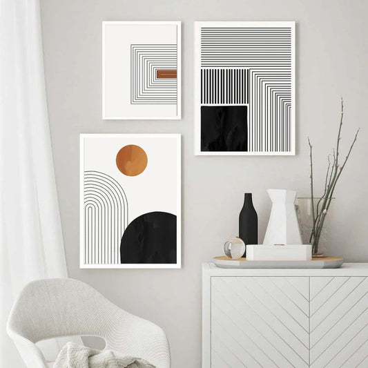 Mid Century Abstract Line Art Canvas Prints Black White Nordic Geometric Poster Gallery Wall Art Set Of 3 Posters For Scandinavian Living Room Wall Decor