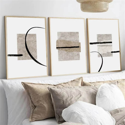 Minimalist Abstract Beige Black Line Wabi Sabi Wall Art Canvas Print For Modern Scandinavian Living Room Bedroom Wall Decor