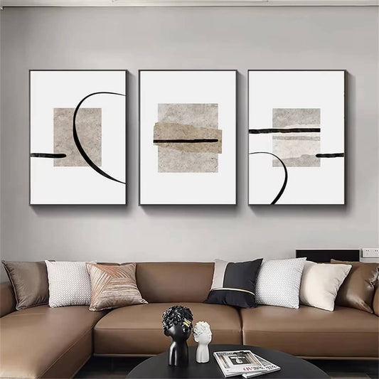 Minimalist Abstract Beige Black Line Wabi Sabi Wall Art Canvas Print For Modern Scandinavian Living Room Bedroom Wall Decor