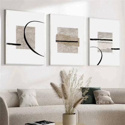 Minimalist Abstract Beige Black Line Wabi Sabi Wall Art Canvas Print For Modern Scandinavian Living Room Bedroom Wall Decor