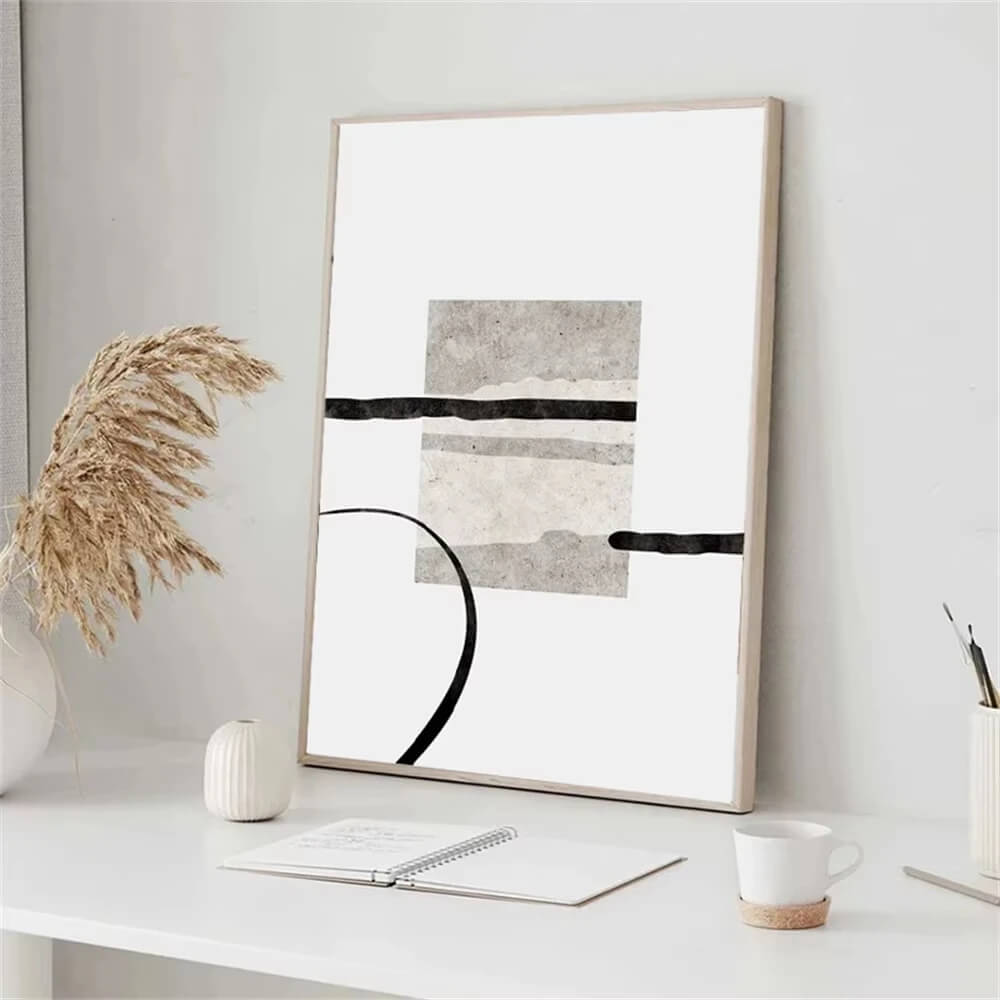 Minimalist Abstract Beige Black Line Wabi Sabi Wall Art Canvas Print For Modern Scandinavian Living Room Bedroom Wall Decor