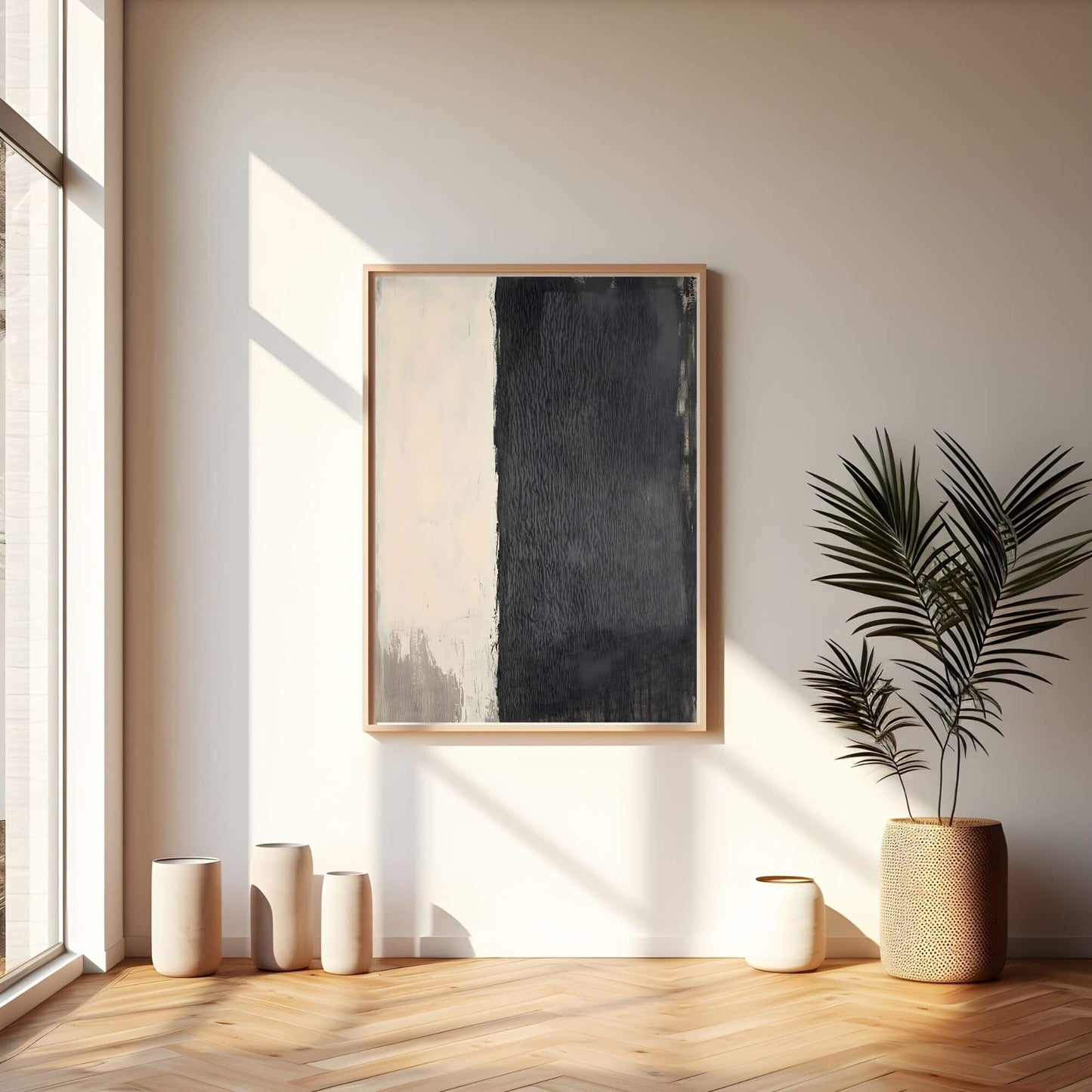 Minimalist Black Beige Abstract Framed Wall Art Canvas Print - Modern Neutral Textured Artwork