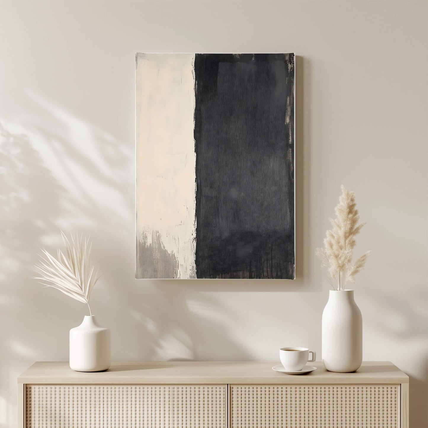 Minimalist Black Beige Abstract Framed Wall Art Canvas Print - Modern Neutral Textured Artwork