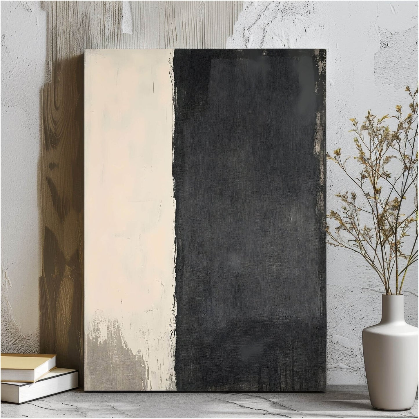 Minimalist Black Beige Abstract Framed Wall Art Canvas Print - Modern Neutral Textured Artwork