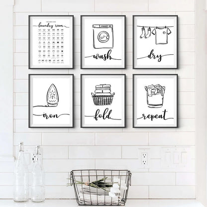 Minimalist Black White Laundry Icons Canvas Prints Wall Art Nordic Pictures For Bathroom Wall Décor