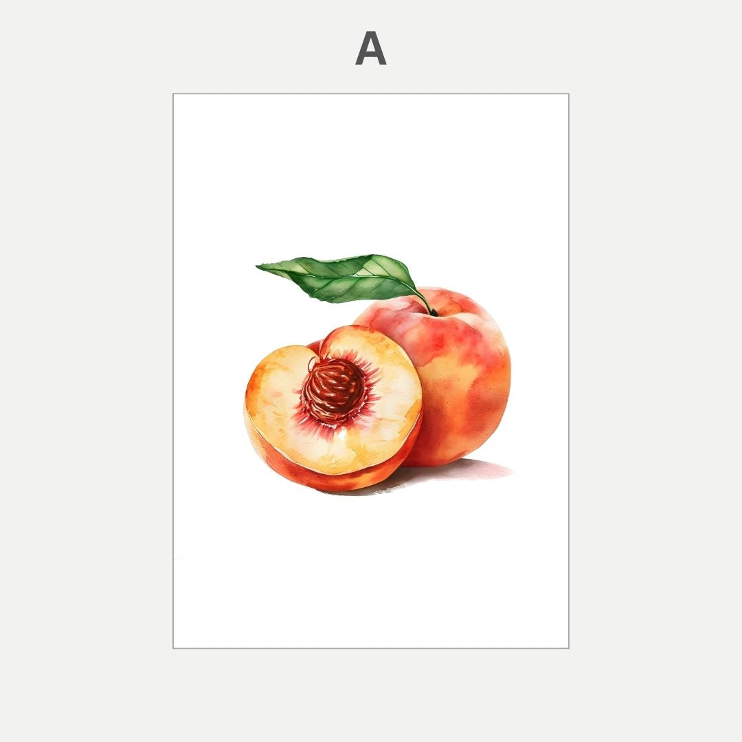 Illustration of a peach with a green leaf on a white background
