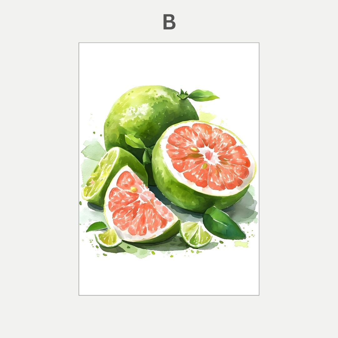 Illustration of green pomelos with one cut open to reveal pink flesh on a white background.